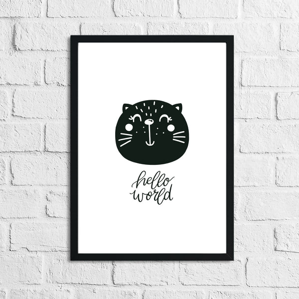 Scandinavian Hello World Cat Children's Nursery Bedroom Wall Decor Print