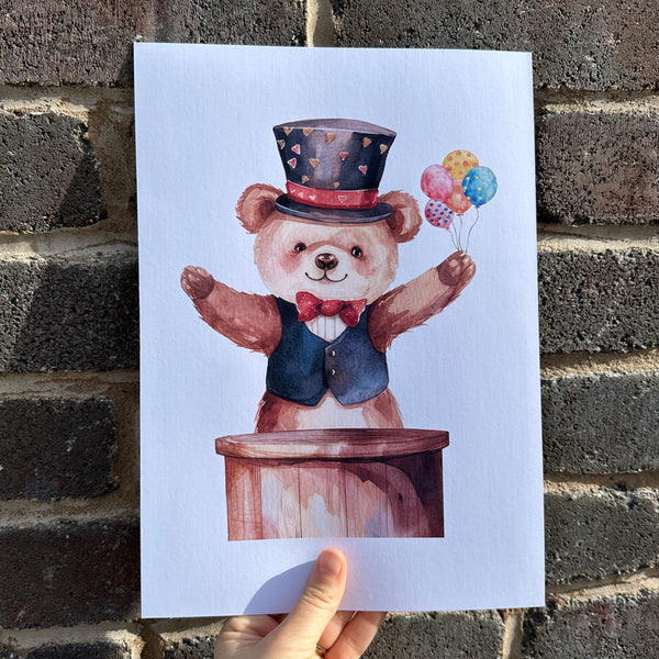 Circus Bear Watercolour Children's Room Wall Decor Print