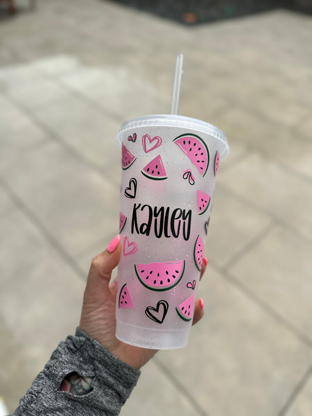 Watermelon Summer Personalised Name Tumbler Venti Cold Cup 24oz - With Straw