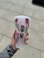 Personalised Name Pink Floral Line Work Tumbler Venti Cold Cup 24oz - With Straw