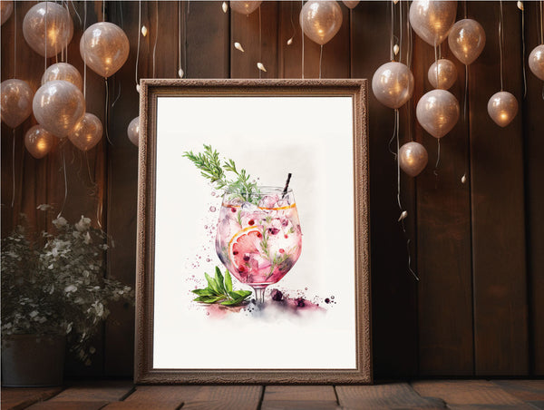 Watercolour Half Pink Gin Glass Alcohol Wall Decor Print