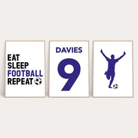 Personalised Surname Eat Sleep Football Repeat Children's Wall Decor Set Of 3 Prints (Any Colour/No.)