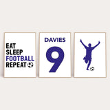 Personalised Surname Eat Sleep Football Repeat Children's Wall Decor Set Of 3 Prints (Any Colour/No.)